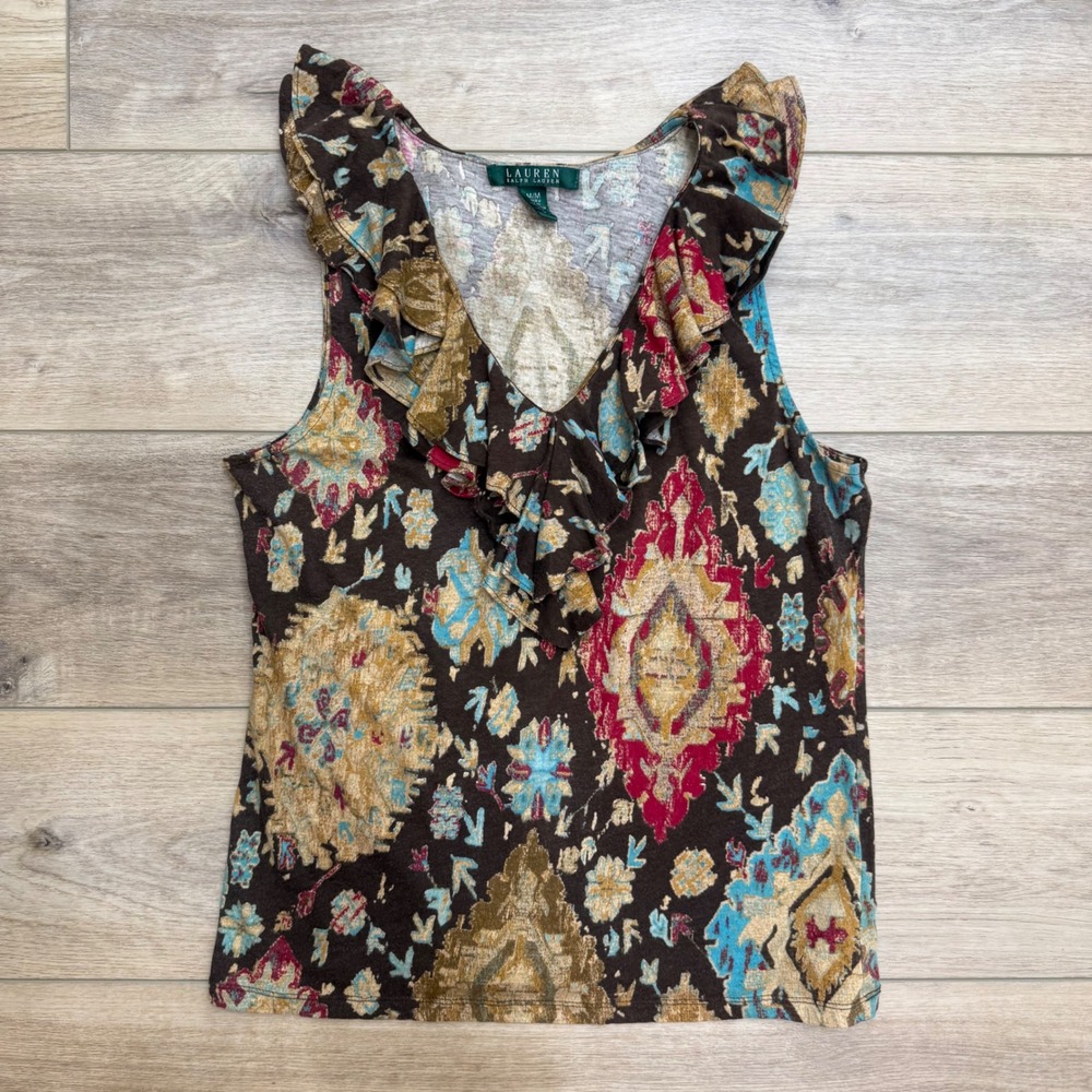 Vintage LRL Ralph Lauren Southwestern Ruffle V-Neck Cotton Tank Top Womens M